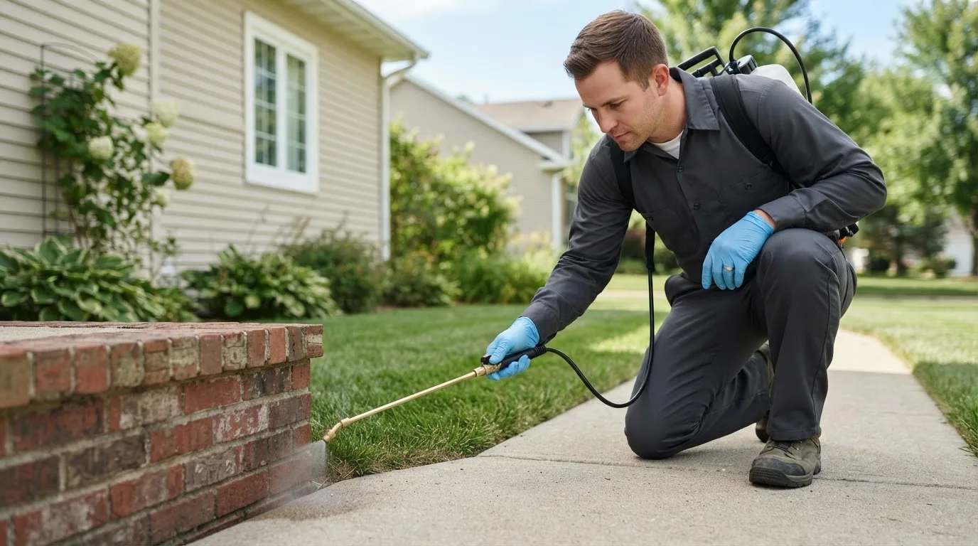 Pest control technician treating a home near La Belle, MO